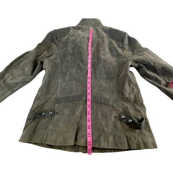 QUEEN COLLECTION Women Suede Jacket Size M Gray Leather Moto Zip Front Luxury - Picture 13 of 16